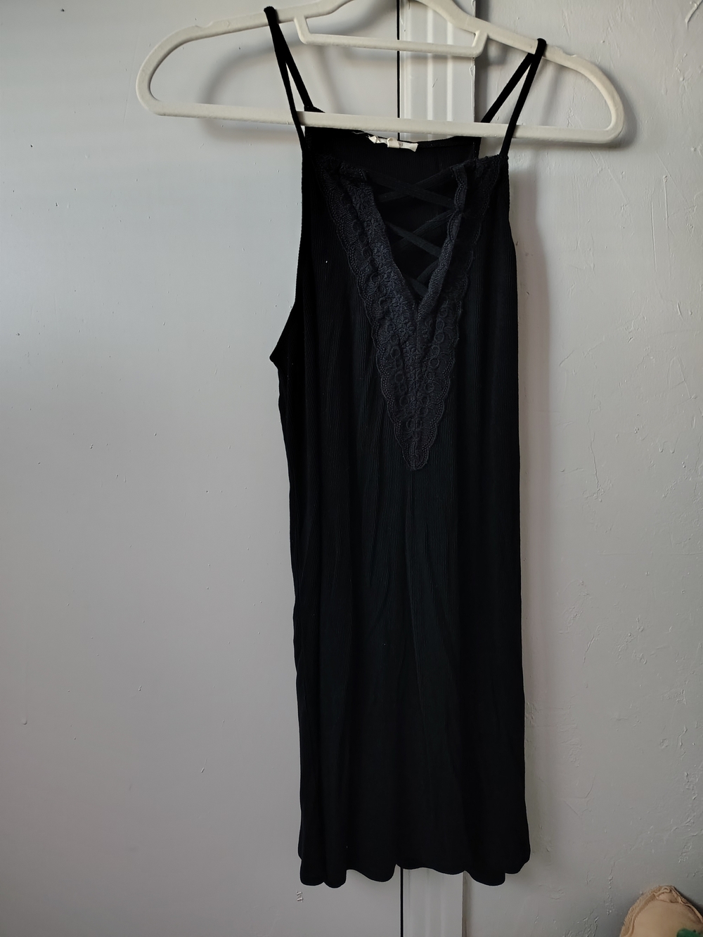 Black Lace-Trim Slip Dress with Crisscross Detail